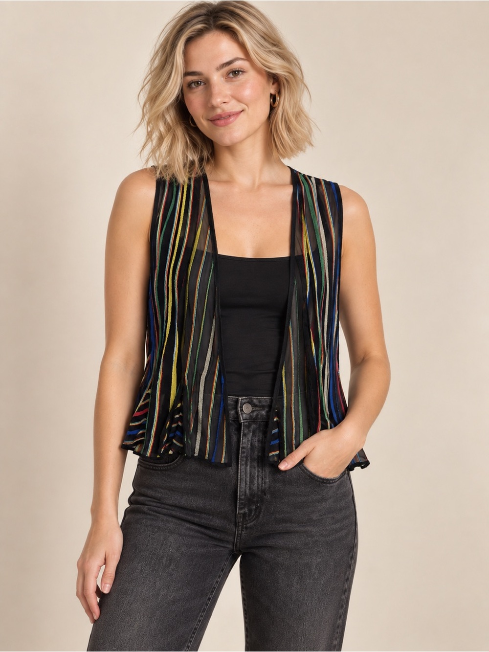 Vintage Sheer Multicolor Striped Vest Boho Statement Layer